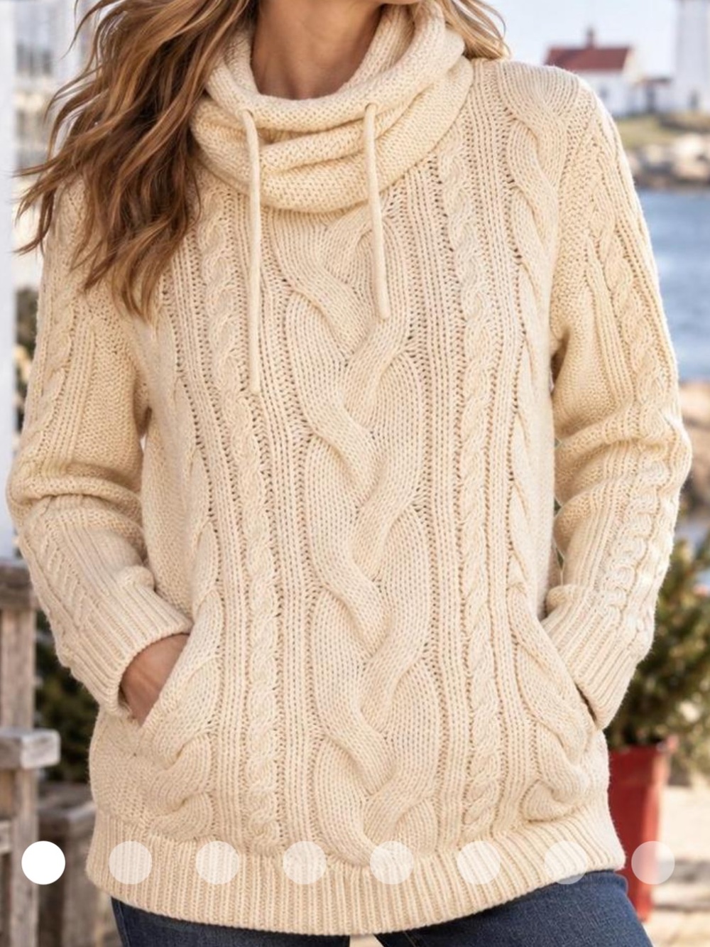 LL Bean Cable-Knit Cream Cowl Neck Sweater